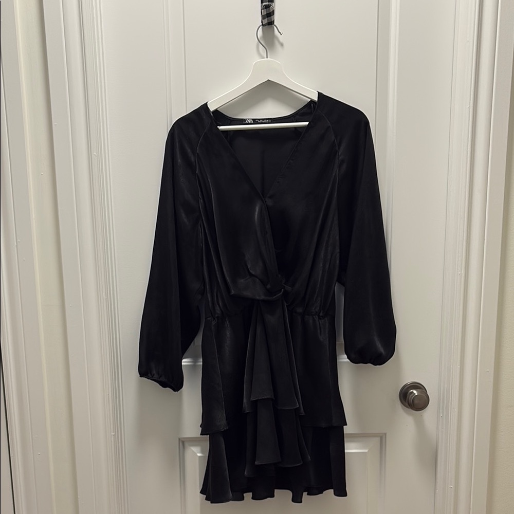 Elegant Black Zara Faux-Wrap Ruffle Long Sleeve Mini Dress